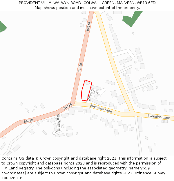 PROVIDENT VILLA, WALWYN ROAD, COLWALL GREEN, MALVERN, WR13 6ED: Location map and indicative extent of plot