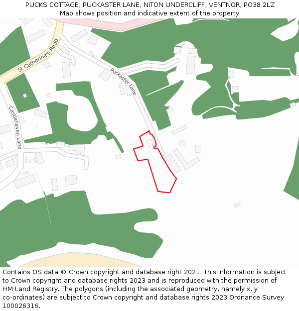 PUCKS COTTAGE, PUCKASTER LANE, NITON UNDERCLIFF, VENTNOR, PO38 2LZ: Location map and indicative extent of plot