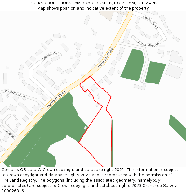 PUCKS CROFT, HORSHAM ROAD, RUSPER, HORSHAM, RH12 4PR: Location map and indicative extent of plot