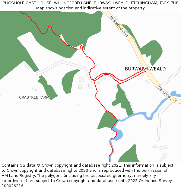 PUGSHOLE OAST HOUSE, WILLINGFORD LANE, BURWASH WEALD, ETCHINGHAM, TN19 7HR: Location map and indicative extent of plot