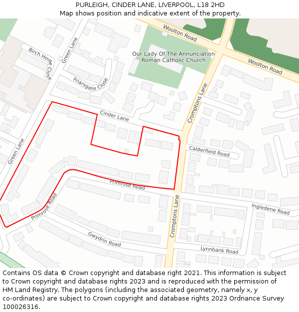 PURLEIGH, CINDER LANE, LIVERPOOL, L18 2HD: Location map and indicative extent of plot