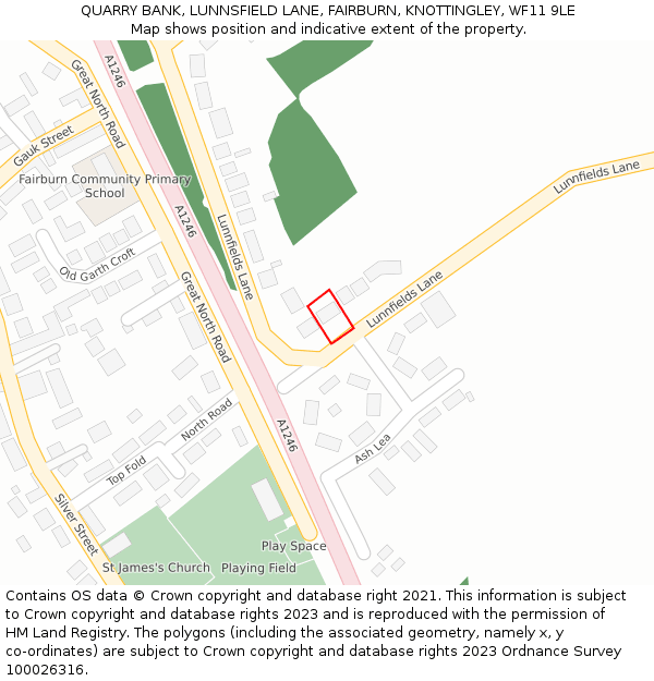 QUARRY BANK, LUNNSFIELD LANE, FAIRBURN, KNOTTINGLEY, WF11 9LE: Location map and indicative extent of plot