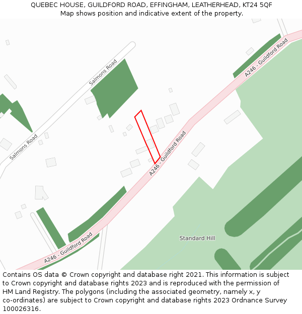 QUEBEC HOUSE, GUILDFORD ROAD, EFFINGHAM, LEATHERHEAD, KT24 5QF: Location map and indicative extent of plot