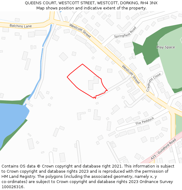 QUEENS COURT, WESTCOTT STREET, WESTCOTT, DORKING, RH4 3NX: Location map and indicative extent of plot