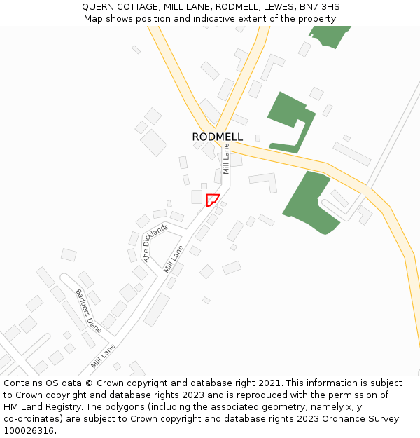 QUERN COTTAGE, MILL LANE, RODMELL, LEWES, BN7 3HS: Location map and indicative extent of plot