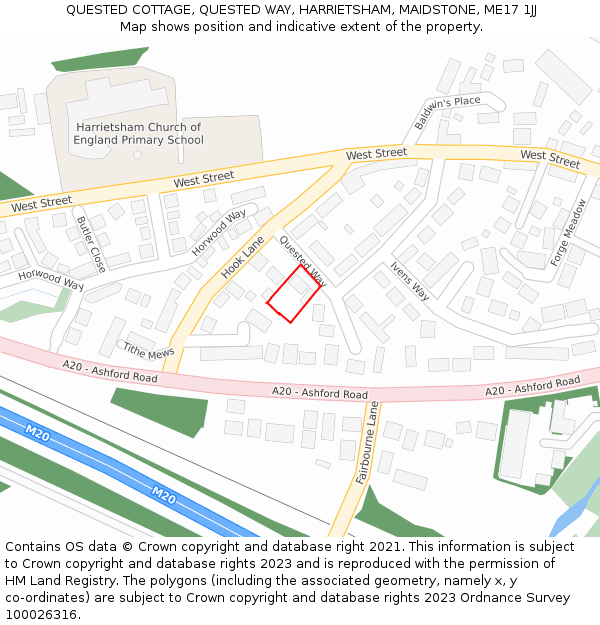 QUESTED COTTAGE, QUESTED WAY, HARRIETSHAM, MAIDSTONE, ME17 1JJ: Location map and indicative extent of plot