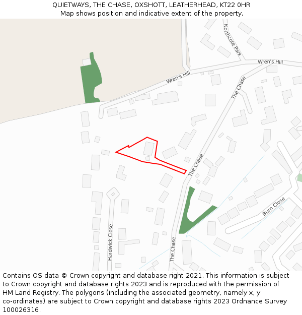 QUIETWAYS, THE CHASE, OXSHOTT, LEATHERHEAD, KT22 0HR: Location map and indicative extent of plot