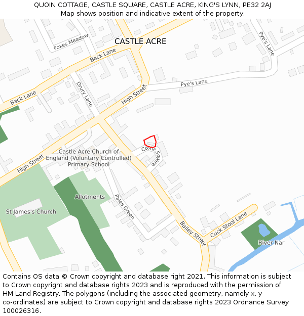 QUOIN COTTAGE, CASTLE SQUARE, CASTLE ACRE, KING'S LYNN, PE32 2AJ: Location map and indicative extent of plot