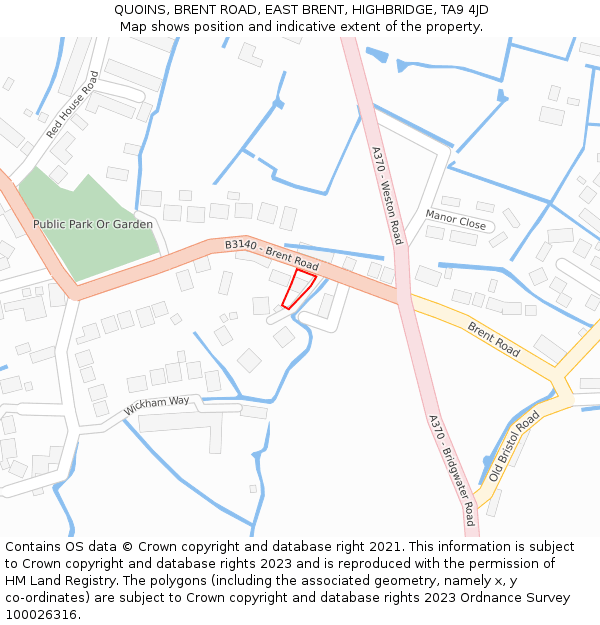 QUOINS, BRENT ROAD, EAST BRENT, HIGHBRIDGE, TA9 4JD: Location map and indicative extent of plot