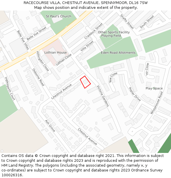 RACECOURSE VILLA, CHESTNUT AVENUE, SPENNYMOOR, DL16 7SW: Location map and indicative extent of plot