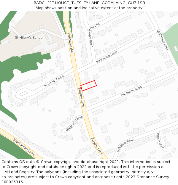 RADCLIFFE HOUSE, TUESLEY LANE, GODALMING, GU7 1SB: Location map and indicative extent of plot