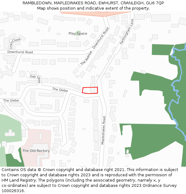 RAMBLEDOWN, MAPLEDRAKES ROAD, EWHURST, CRANLEIGH, GU6 7QP: Location map and indicative extent of plot