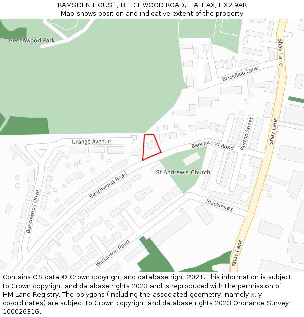 RAMSDEN HOUSE, BEECHWOOD ROAD, HALIFAX, HX2 9AR: Location map and indicative extent of plot