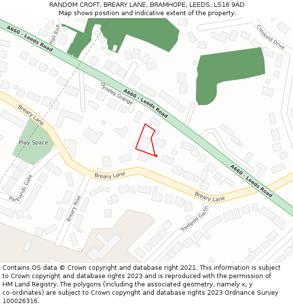 RANDOM CROFT, BREARY LANE, BRAMHOPE, LEEDS, LS16 9AD: Location map and indicative extent of plot