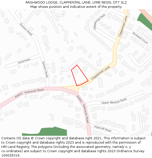 RASHWOOD LODGE, CLAPPENTAIL LANE, LYME REGIS, DT7 3LZ: Location map and indicative extent of plot