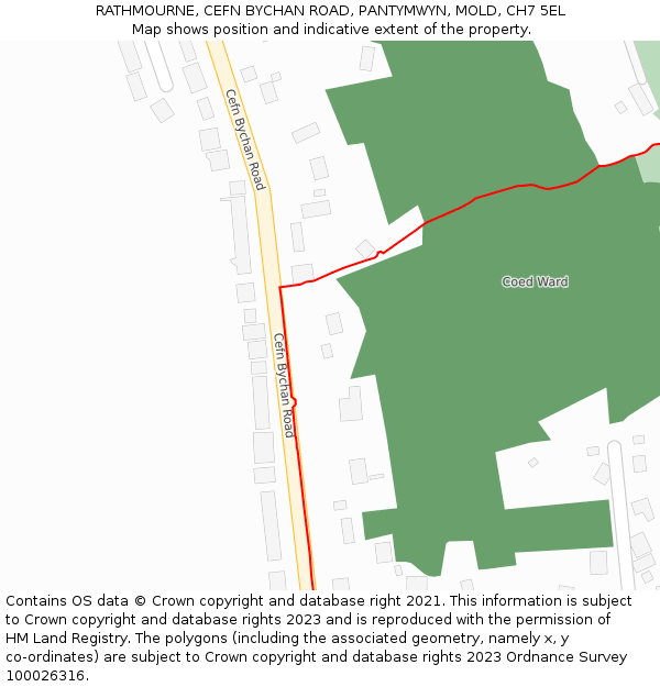 RATHMOURNE, CEFN BYCHAN ROAD, PANTYMWYN, MOLD, CH7 5EL: Location map and indicative extent of plot
