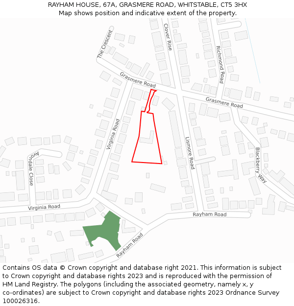 RAYHAM HOUSE, 67A, GRASMERE ROAD, WHITSTABLE, CT5 3HX: Location map and indicative extent of plot