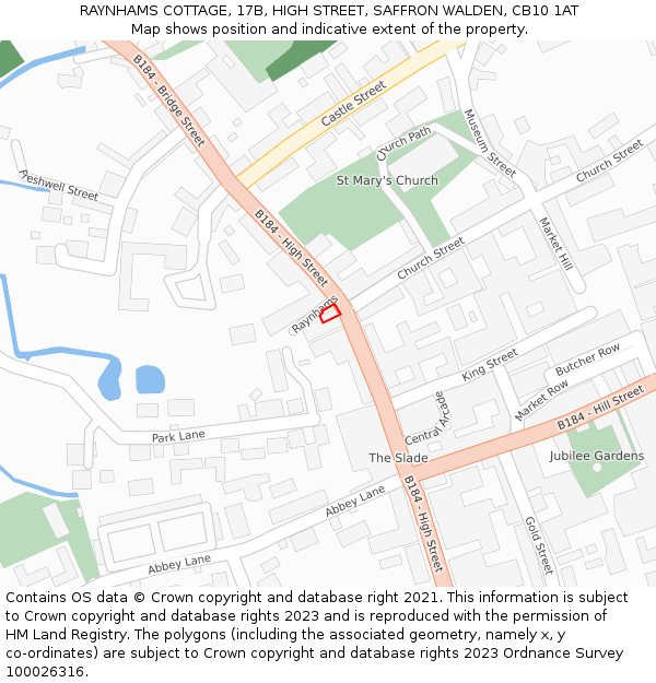 RAYNHAMS COTTAGE, 17B, HIGH STREET, SAFFRON WALDEN, CB10 1AT: Location map and indicative extent of plot