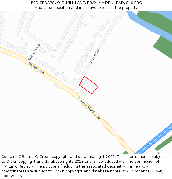 RED CEDARS, OLD MILL LANE, BRAY, MAIDENHEAD, SL6 2BG: Location map and indicative extent of plot