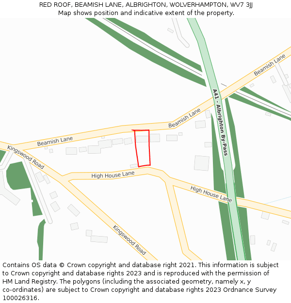 RED ROOF, BEAMISH LANE, ALBRIGHTON, WOLVERHAMPTON, WV7 3JJ: Location map and indicative extent of plot