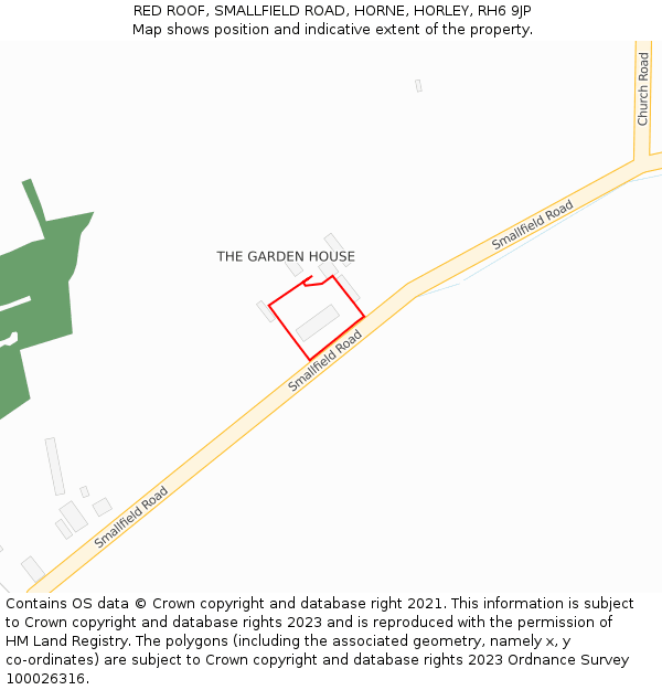 RED ROOF, SMALLFIELD ROAD, HORNE, HORLEY, RH6 9JP: Location map and indicative extent of plot