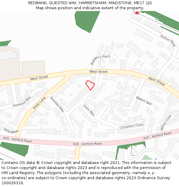 REDBANK, QUESTED WAY, HARRIETSHAM, MAIDSTONE, ME17 1JG: Location map and indicative extent of plot
