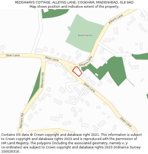 REDDAWAYS COTTAGE, ALLEYNS LANE, COOKHAM, MAIDENHEAD, SL6 9AD: Location map and indicative extent of plot