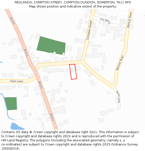 REDLANDS, COMPTON STREET, COMPTON DUNDON, SOMERTON, TA11 6PS: Location map and indicative extent of plot
