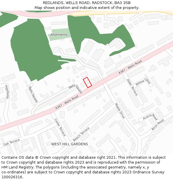 REDLANDS, WELLS ROAD, RADSTOCK, BA3 3SB: Location map and indicative extent of plot