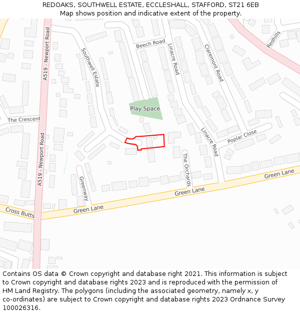 REDOAKS, SOUTHWELL ESTATE, ECCLESHALL, STAFFORD, ST21 6EB: Location map and indicative extent of plot