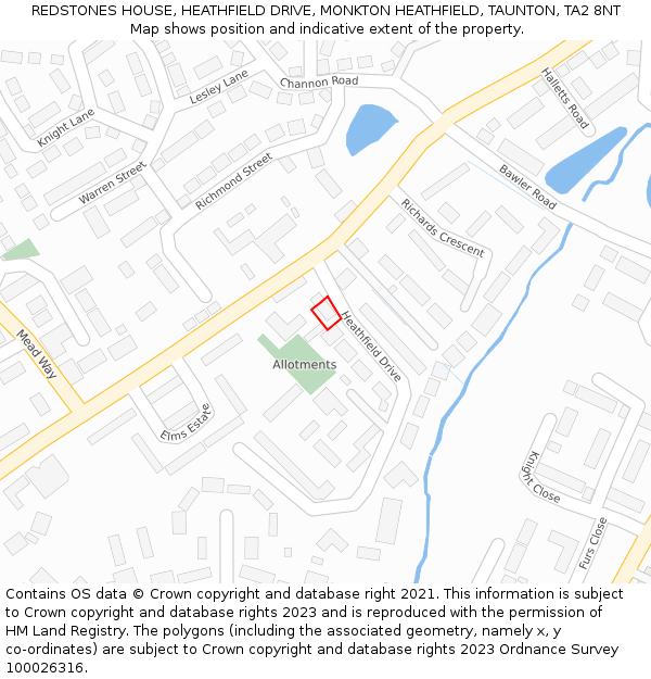 REDSTONES HOUSE, HEATHFIELD DRIVE, MONKTON HEATHFIELD, TAUNTON, TA2 8NT: Location map and indicative extent of plot