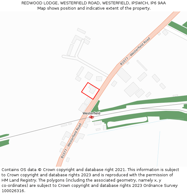 REDWOOD LODGE, WESTERFIELD ROAD, WESTERFIELD, IPSWICH, IP6 9AA: Location map and indicative extent of plot