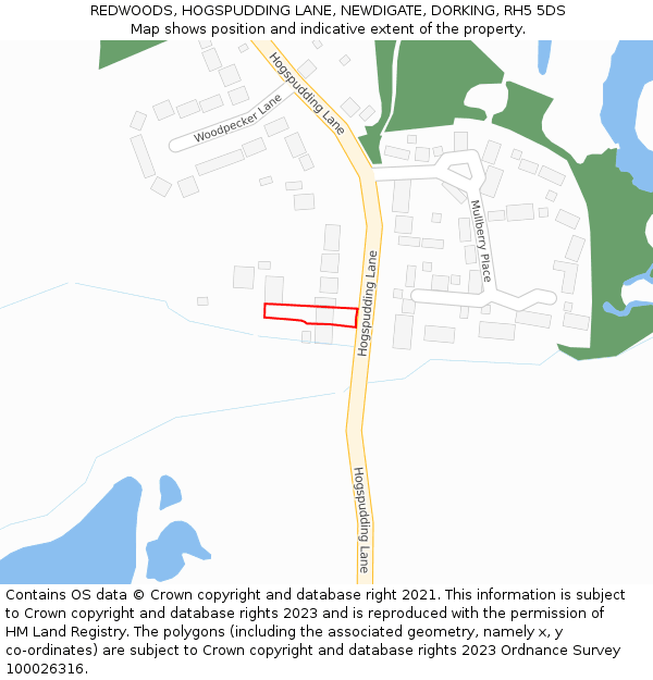 REDWOODS, HOGSPUDDING LANE, NEWDIGATE, DORKING, RH5 5DS: Location map and indicative extent of plot