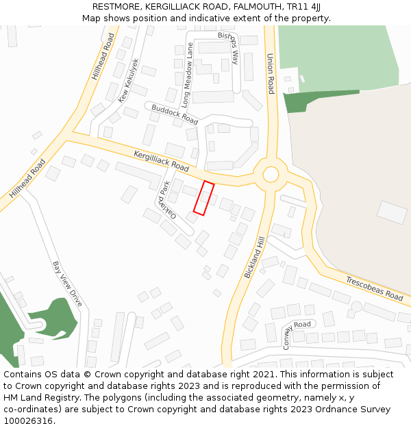 RESTMORE, KERGILLIACK ROAD, FALMOUTH, TR11 4JJ: Location map and indicative extent of plot