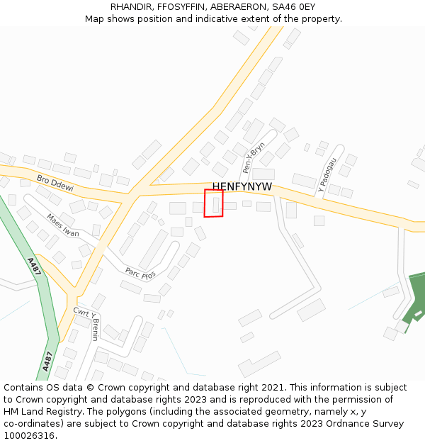 RHANDIR, FFOSYFFIN, ABERAERON, SA46 0EY: Location map and indicative extent of plot