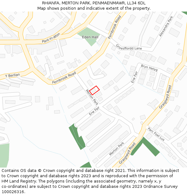 RHIANFA, MERTON PARK, PENMAENMAWR, LL34 6DL: Location map and indicative extent of plot