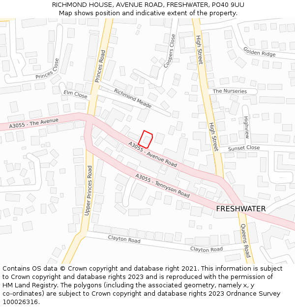 RICHMOND HOUSE, AVENUE ROAD, FRESHWATER, PO40 9UU: Location map and indicative extent of plot