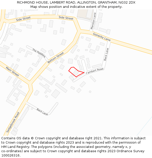RICHMOND HOUSE, LAMBERT ROAD, ALLINGTON, GRANTHAM, NG32 2DX: Location map and indicative extent of plot