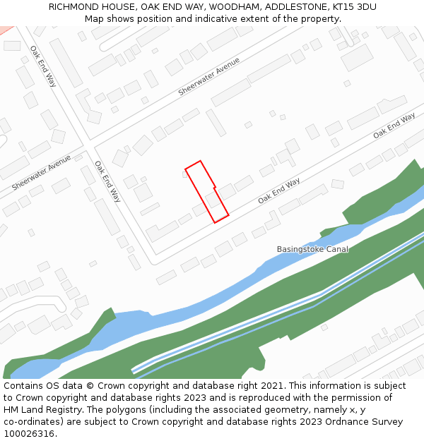 RICHMOND HOUSE, OAK END WAY, WOODHAM, ADDLESTONE, KT15 3DU: Location map and indicative extent of plot