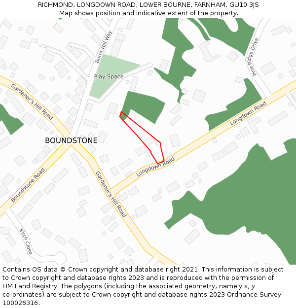 RICHMOND, LONGDOWN ROAD, LOWER BOURNE, FARNHAM, GU10 3JS: Location map and indicative extent of plot