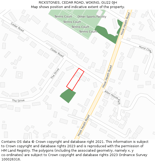 RICKSTONES, CEDAR ROAD, WOKING, GU22 0JH: Location map and indicative extent of plot