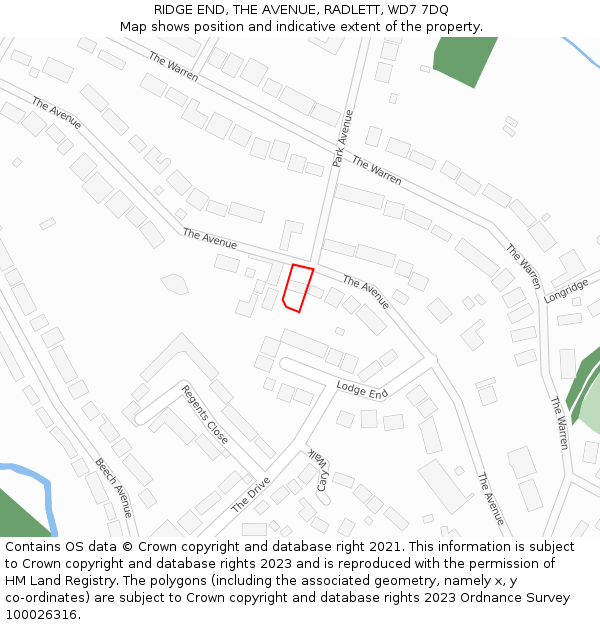 RIDGE END, THE AVENUE, RADLETT, WD7 7DQ: Location map and indicative extent of plot