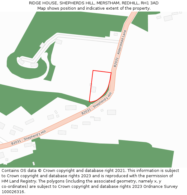 RIDGE HOUSE, SHEPHERDS HILL, MERSTHAM, REDHILL, RH1 3AD: Location map and indicative extent of plot