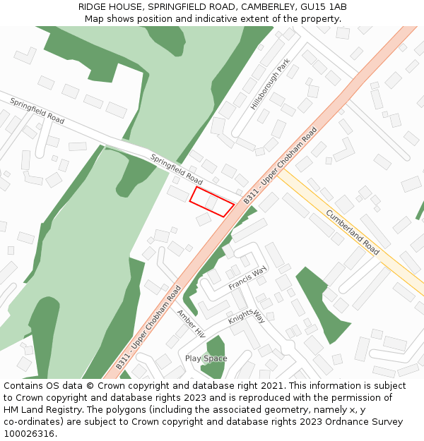 RIDGE HOUSE, SPRINGFIELD ROAD, CAMBERLEY, GU15 1AB: Location map and indicative extent of plot