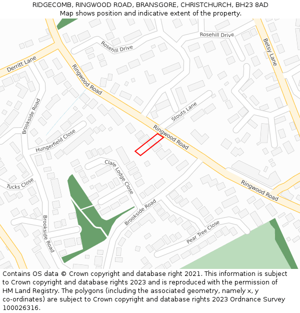 RIDGECOMB, RINGWOOD ROAD, BRANSGORE, CHRISTCHURCH, BH23 8AD: Location map and indicative extent of plot