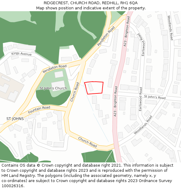 RIDGECREST, CHURCH ROAD, REDHILL, RH1 6QA: Location map and indicative extent of plot