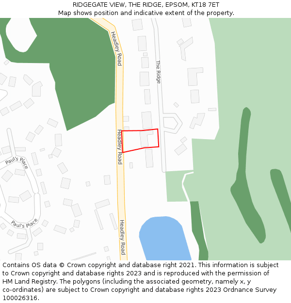 RIDGEGATE VIEW, THE RIDGE, EPSOM, KT18 7ET: Location map and indicative extent of plot
