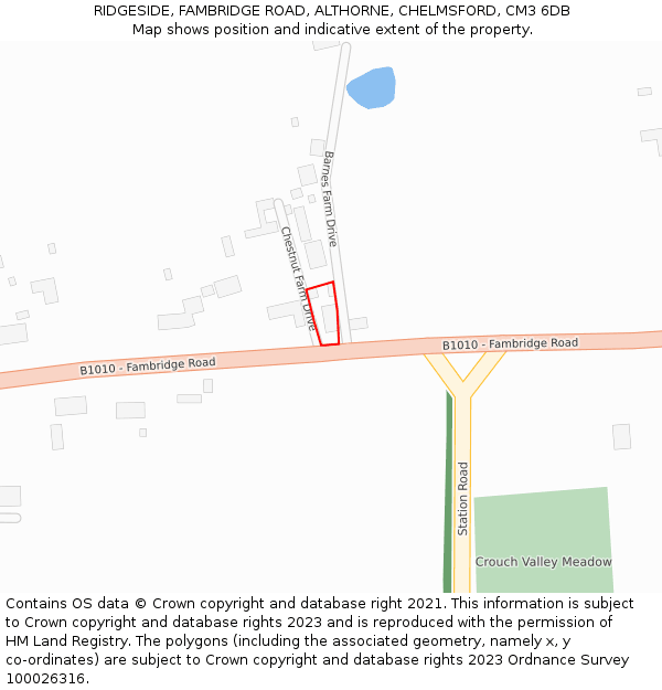 RIDGESIDE, FAMBRIDGE ROAD, ALTHORNE, CHELMSFORD, CM3 6DB: Location map and indicative extent of plot