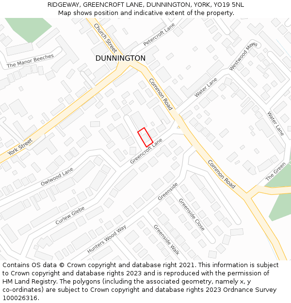 RIDGEWAY, GREENCROFT LANE, DUNNINGTON, YORK, YO19 5NL: Location map and indicative extent of plot