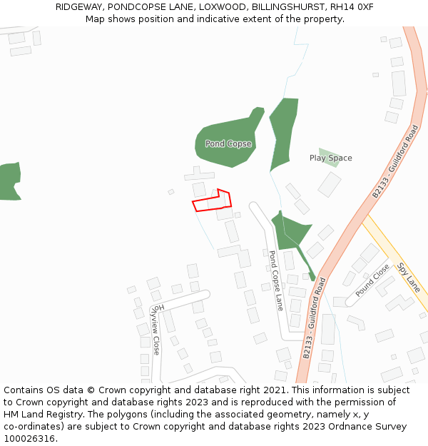 RIDGEWAY, PONDCOPSE LANE, LOXWOOD, BILLINGSHURST, RH14 0XF: Location map and indicative extent of plot